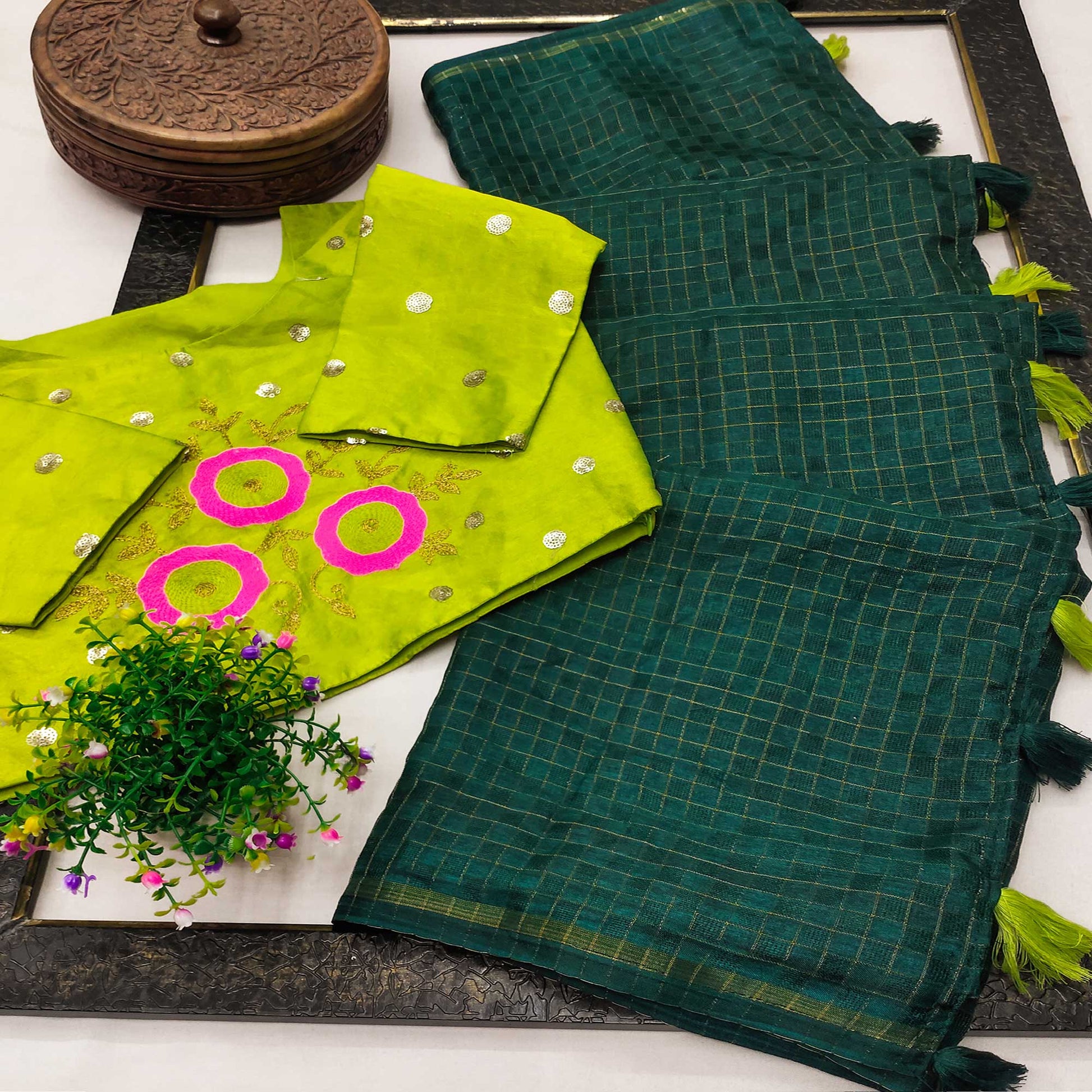 Bottle Green Checks Woven Manipuri Silk Saree