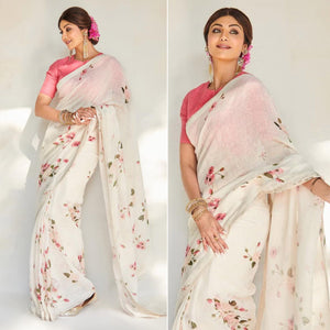 Cream & Pink Floral Digital Printed Linen Saree