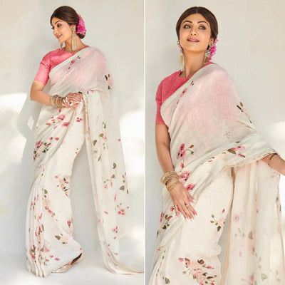 Cream & Pink Floral Digital Printed Linen Saree