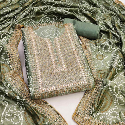 Mehendi Green Bandhani Printed With Embroidered Vichitra Silk Dress Material