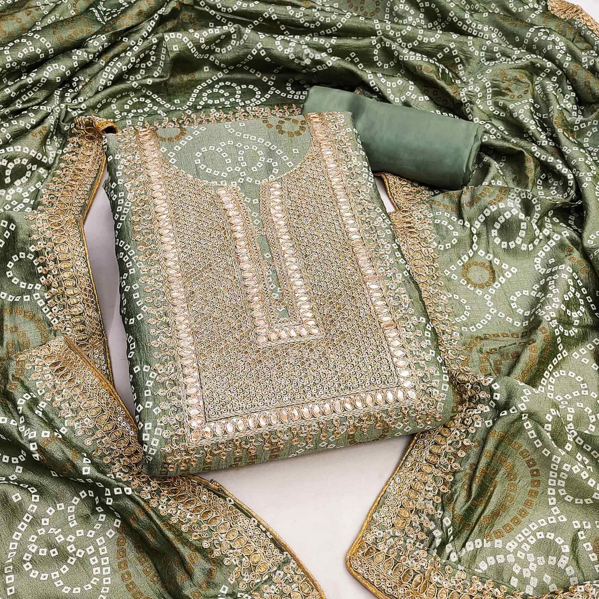 Mehendi Green Bandhani Printed With Embroidered Vichitra Silk Dress Material