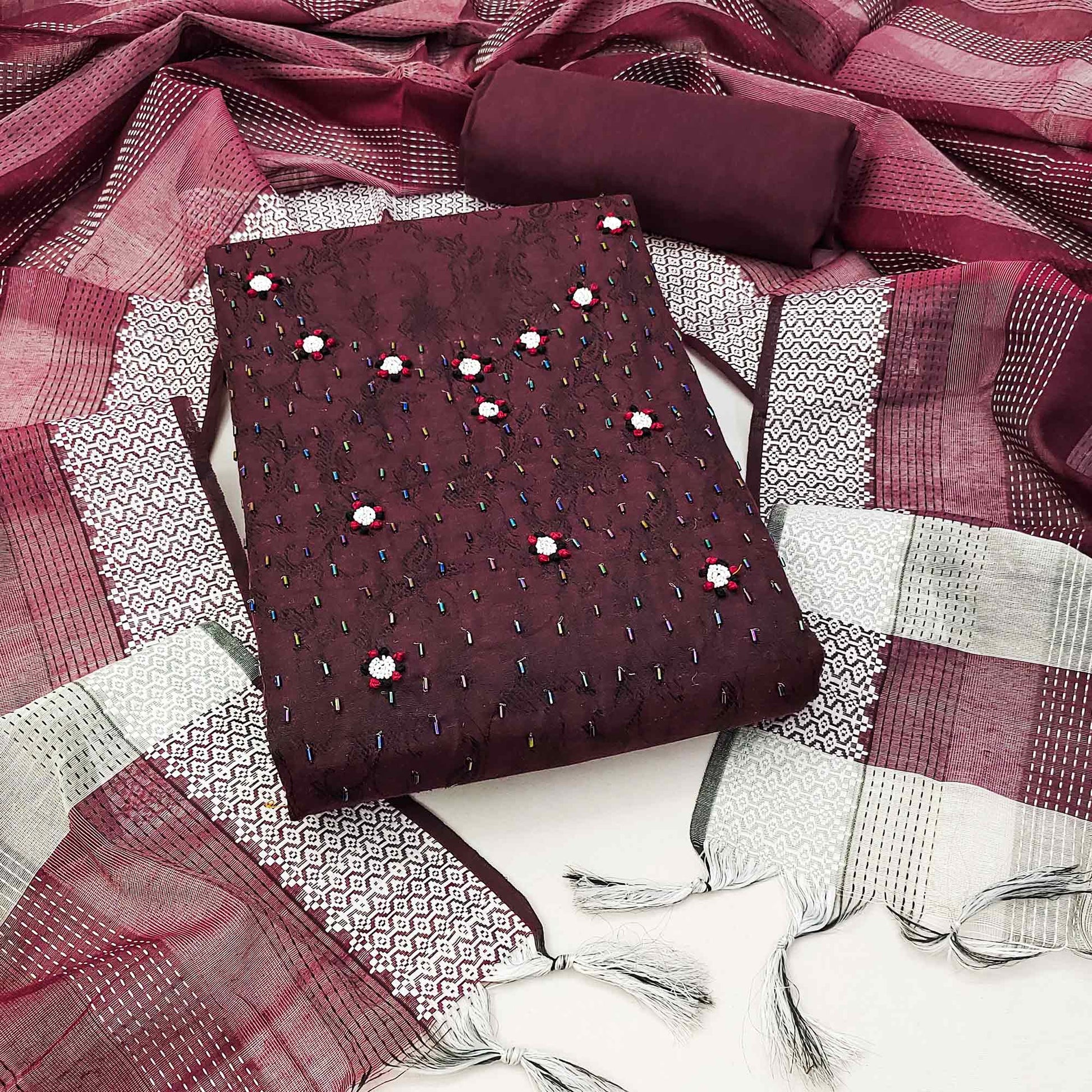 Maroon Embroidered Pure Cotton Dress Material