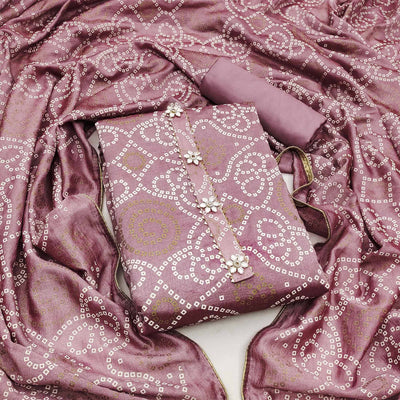 Mauve Bandhani Printed Vichitra Silk Dress Material