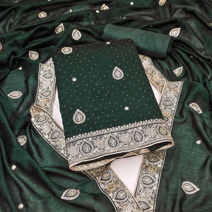 Bottle Green Embroidered Vichitra Silk Dress Material