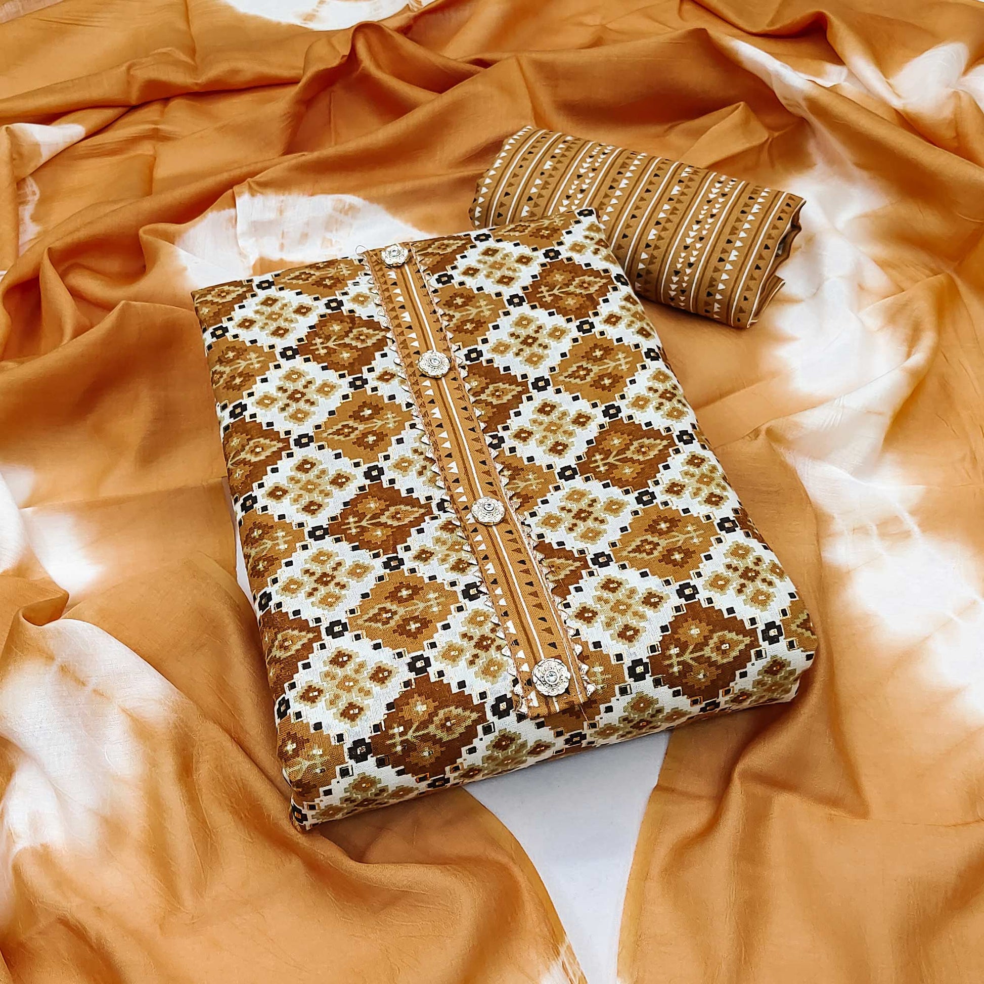 Chikoo Foil Printed Cotton Blend Dress Material