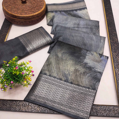 Grey Printed Dola Silk Saree With Zari Border