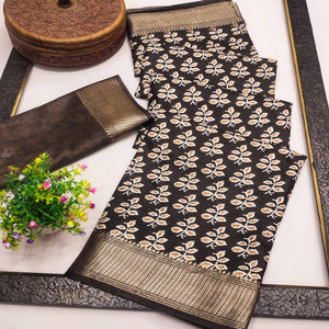 Brown Floral Printed Dola Silk Saree