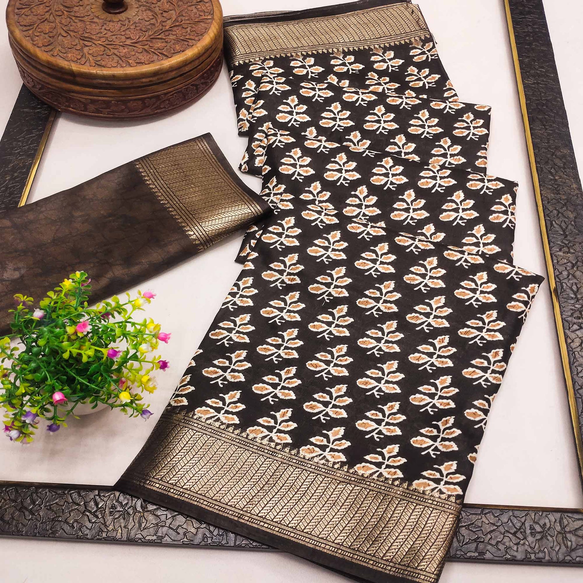Brown Floral Printed Dola Silk Saree