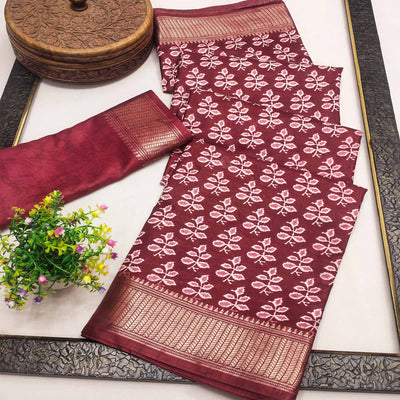 Maroon Floral Printed Dola Silk Saree