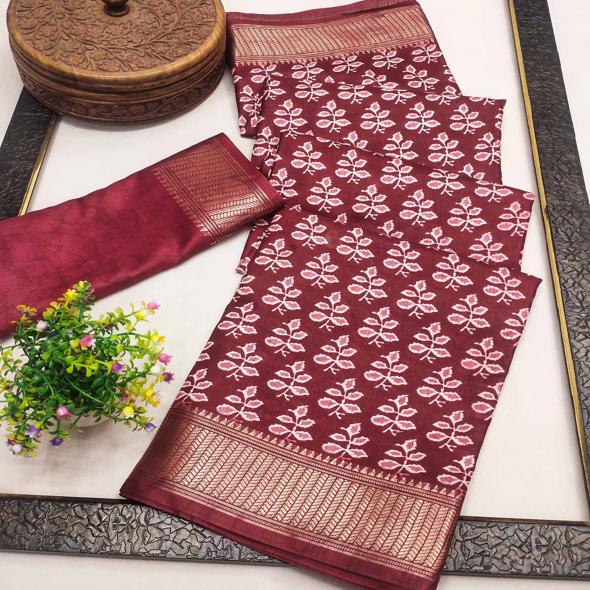 Maroon Floral Printed Dola Silk Saree