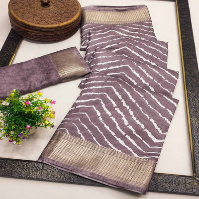 Mauve Leheriya Printed Dola Silk Saree With Zari Border