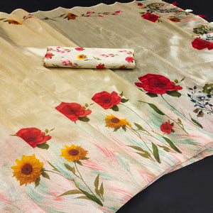 Chikoo Floral Digital Printed Assam Silk Saree With Tassels