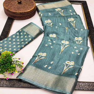 Dusty Turquoise Floral Printed Dola Silk Saree