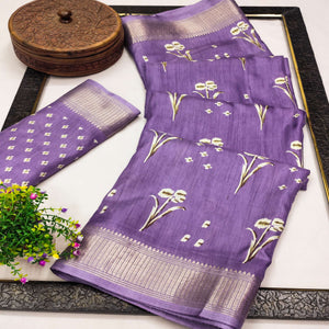 Lavender Floral Printed Dola Silk Saree