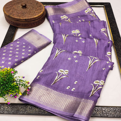 Lavender Floral Printed Dola Silk Saree