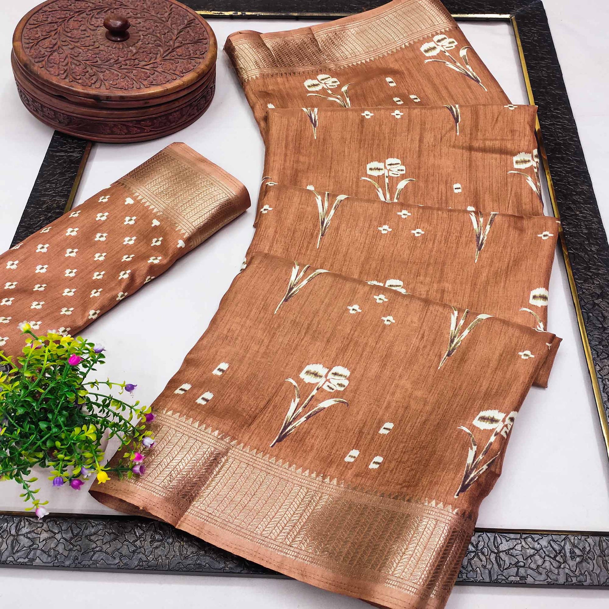 Light Brown Floral Printed Dola Silk Saree