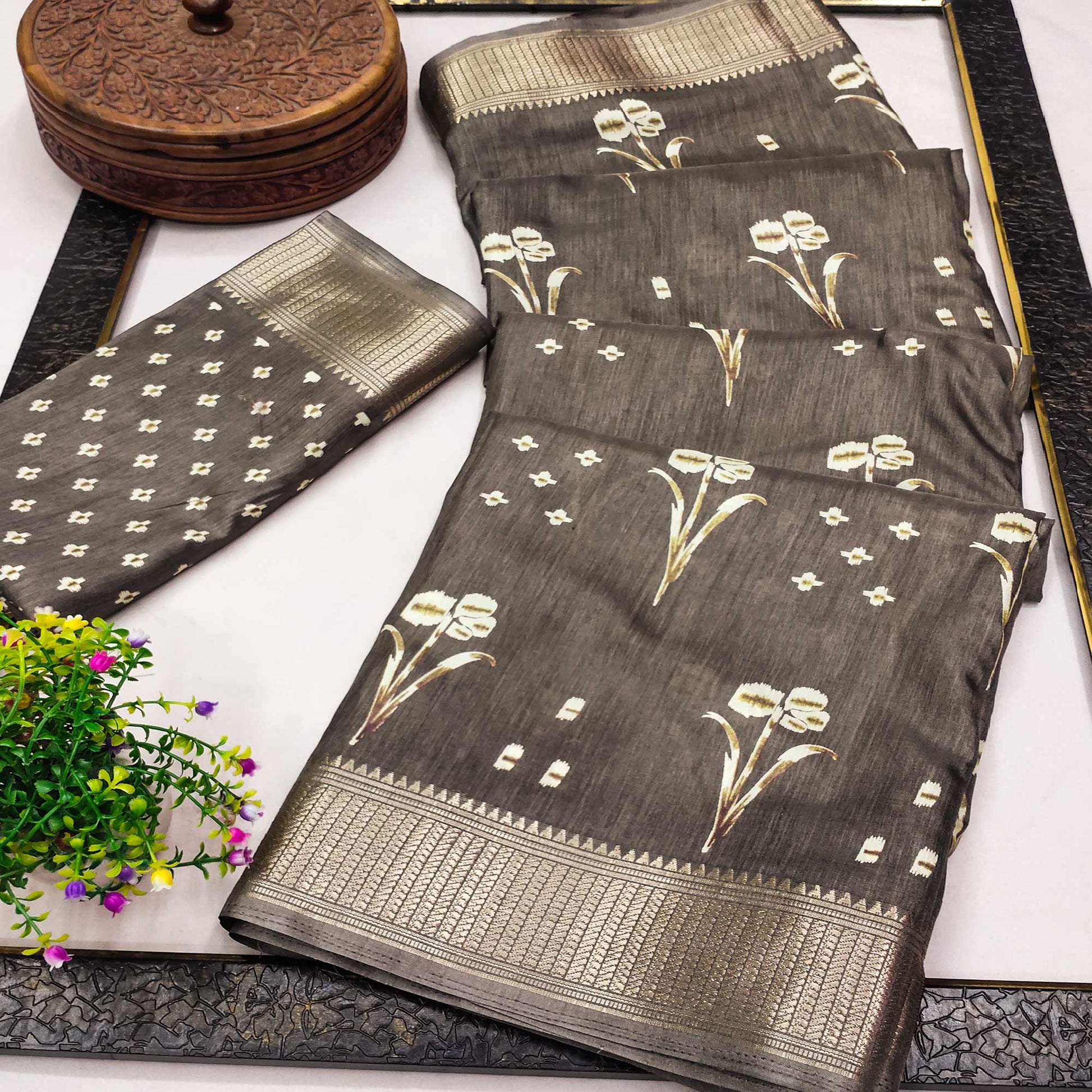 Light Coffee Floral Printed Dola Silk Saree