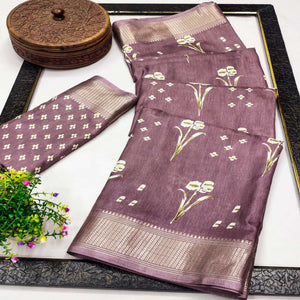 Mauve Floral Printed Dola Silk Saree