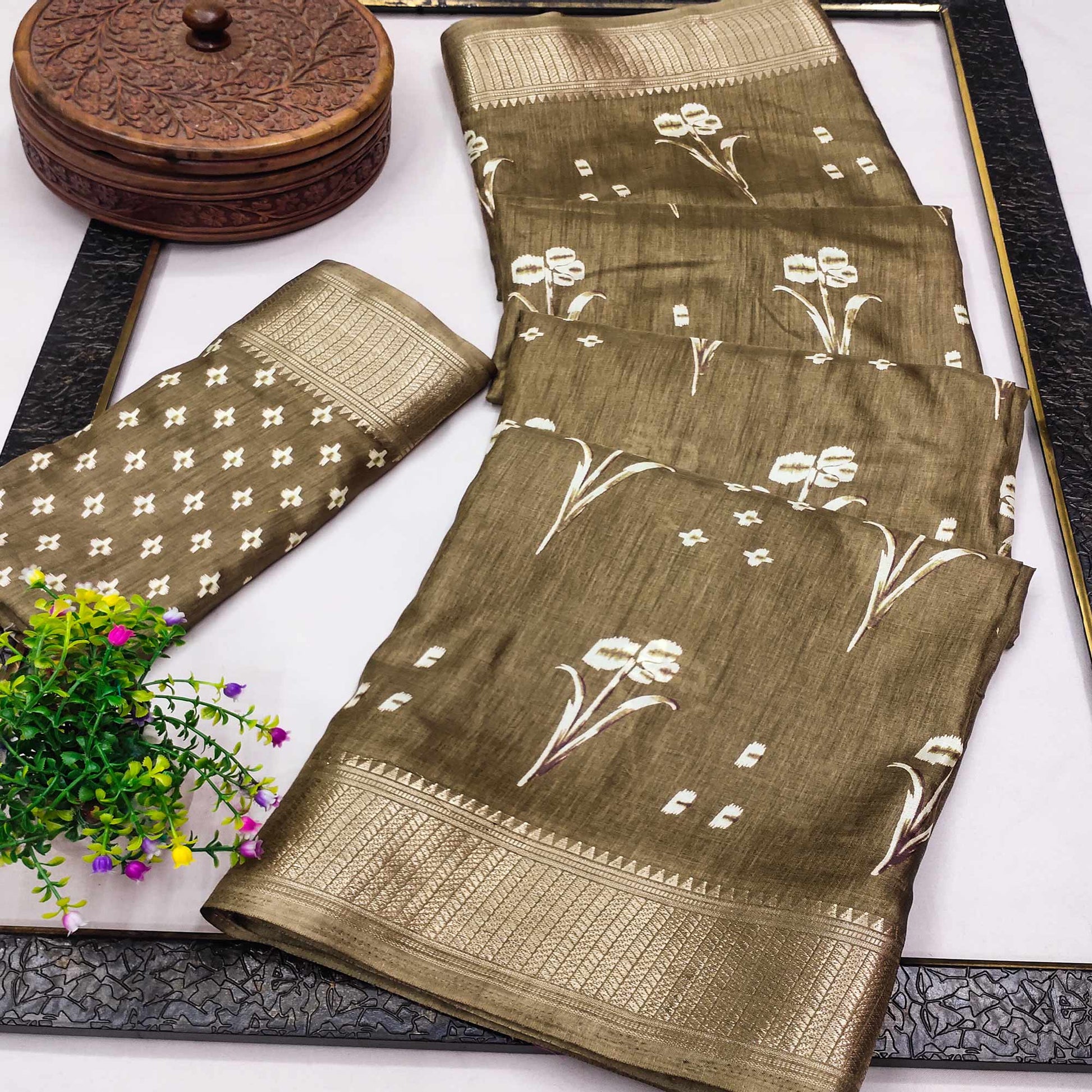 Mehandi Green Floral Printed Dola Silk Saree