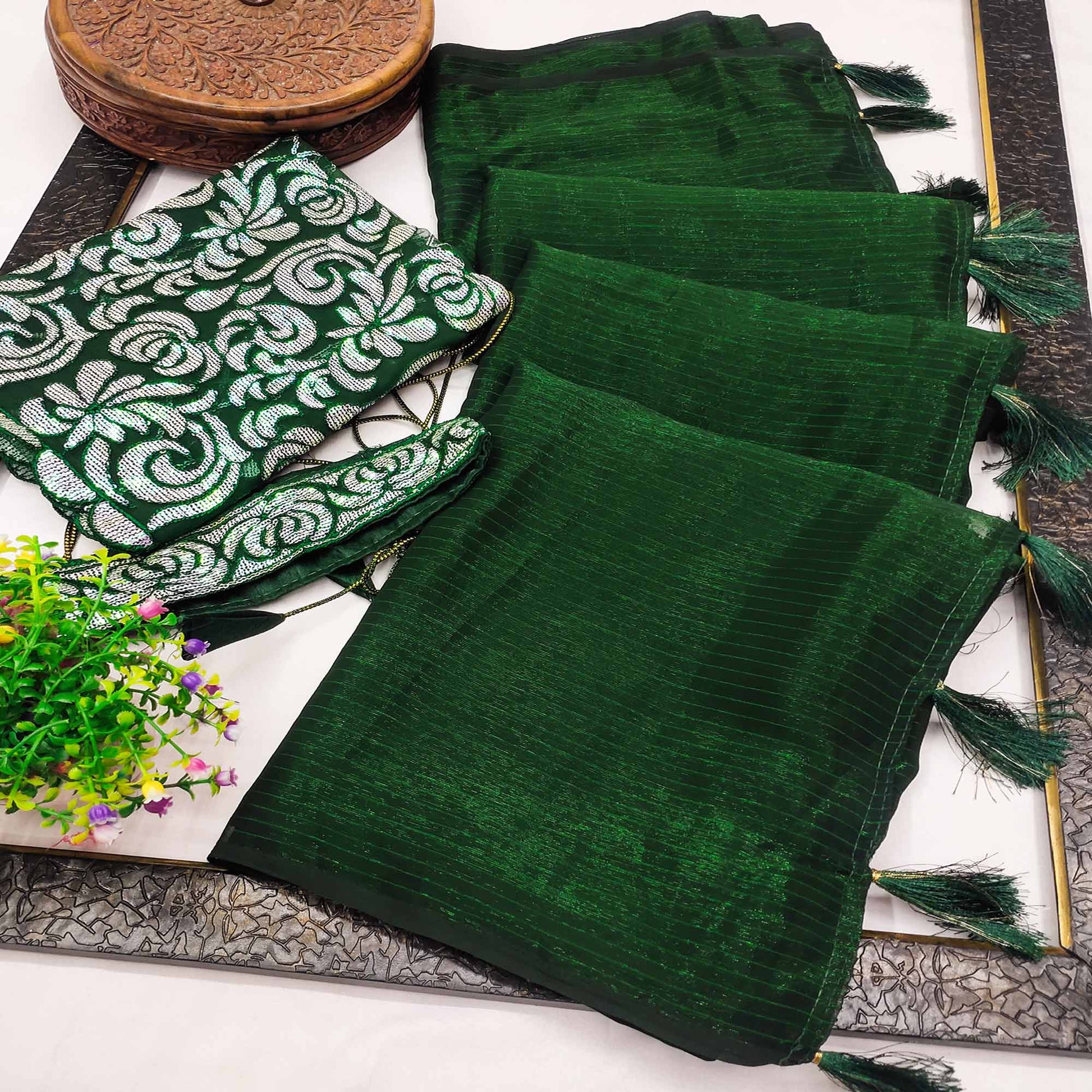 Dark Green Striped Woven Art Silk Saree With Tassels