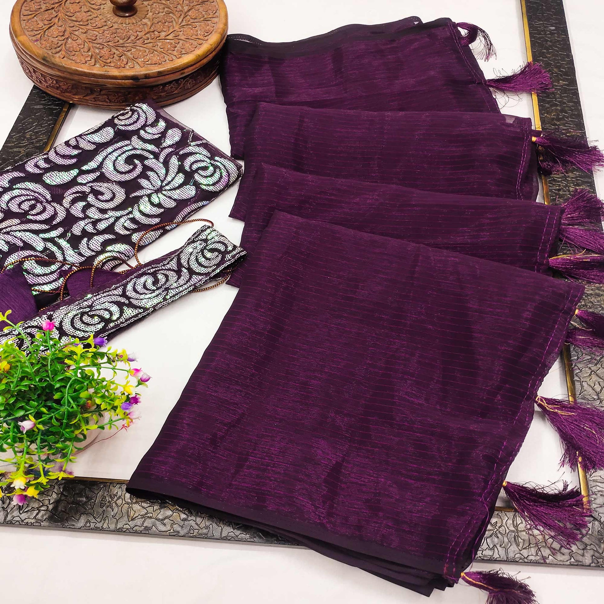 Dark Purple Striped Woven Art Silk Saree With Tassels