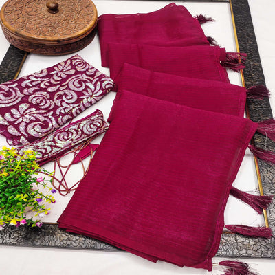 Magenta Striped Woven Art Silk Saree With Tassels