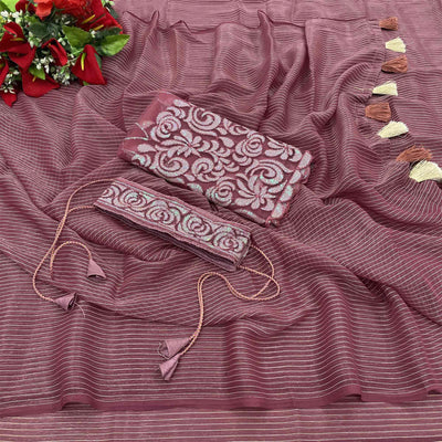 Mauve Striped Woven Art Silk Saree With Tassels