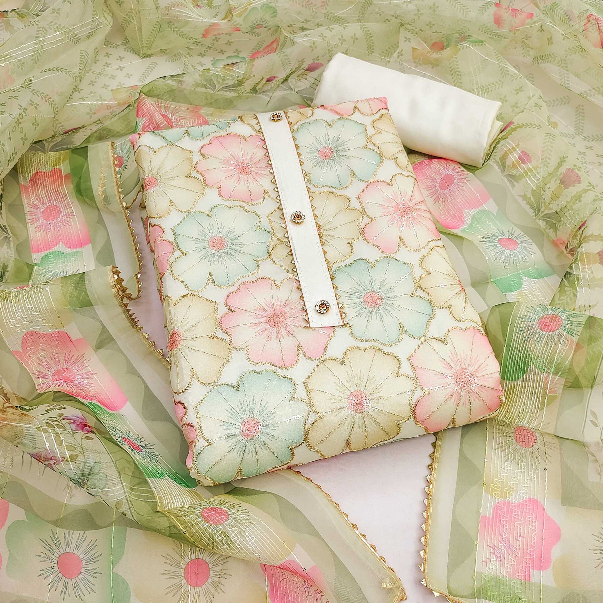 Cream Floral Printed Organza Dress Material