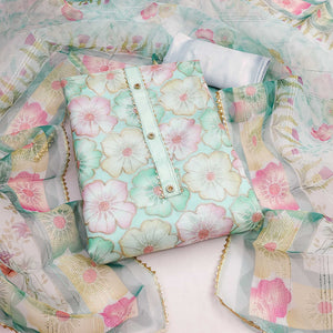 Light Turquoise Floral Printed Organza Dress Material