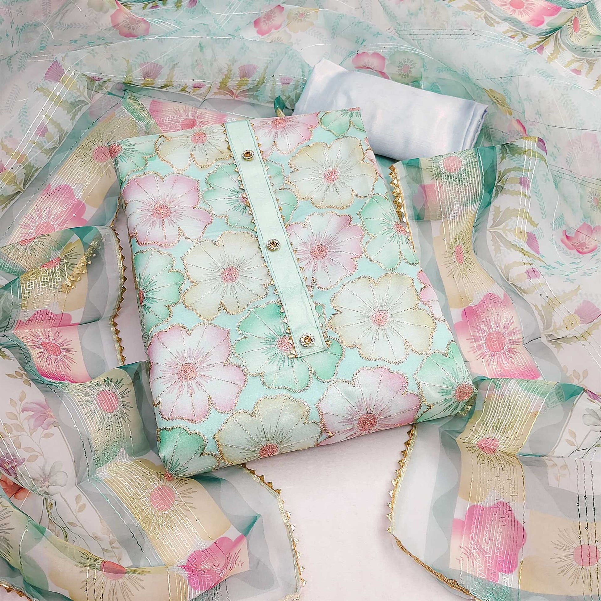 Light Turquoise Floral Printed Organza Dress Material