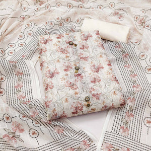 Cream Floral Printed Linen Dress Material