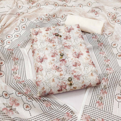 Cream Floral Printed Linen Dress Material