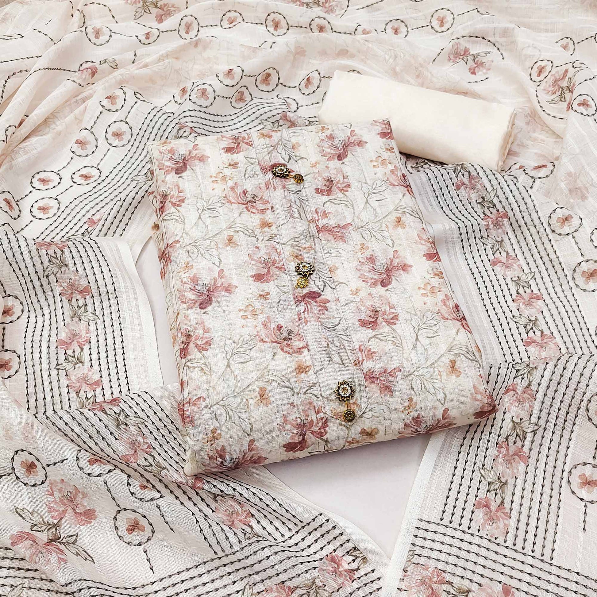 Cream Floral Printed Linen Dress Material