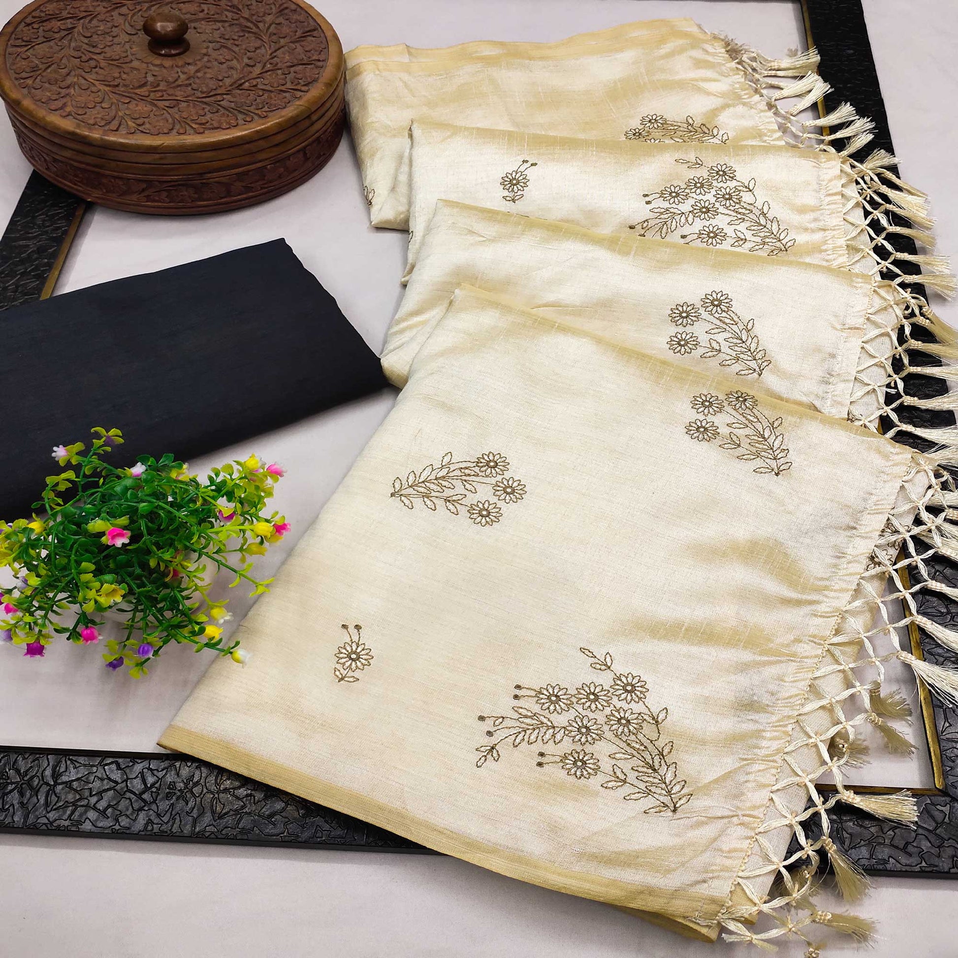 Cream Embroidered Assam Silk Saree