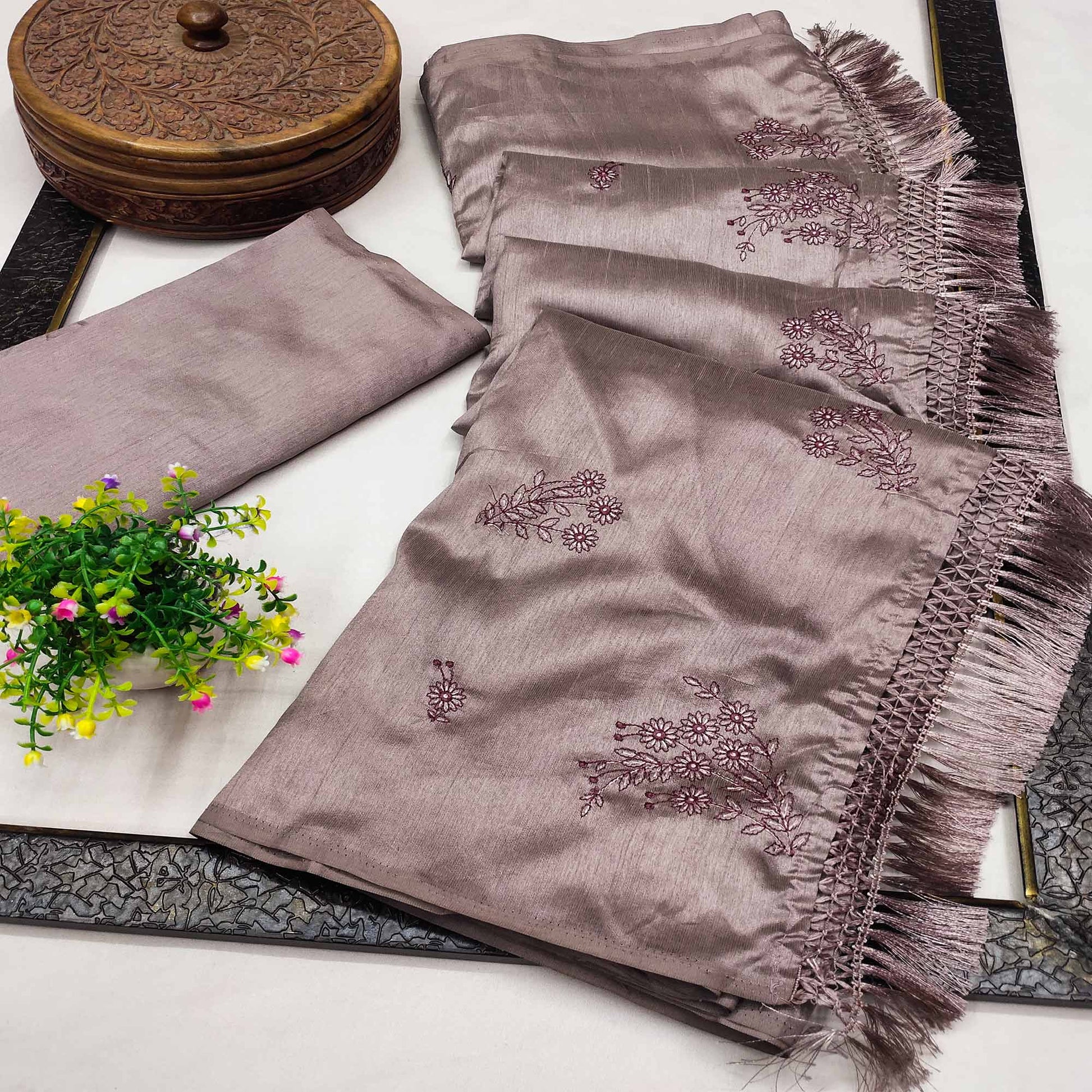Brown Floral Embroidered Art Silk Saree With Tassels