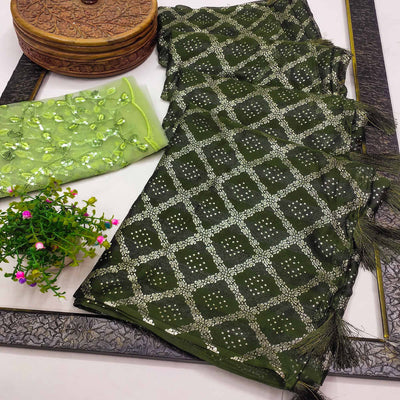 Mehendi Green Foil Printed Chiffon Saree