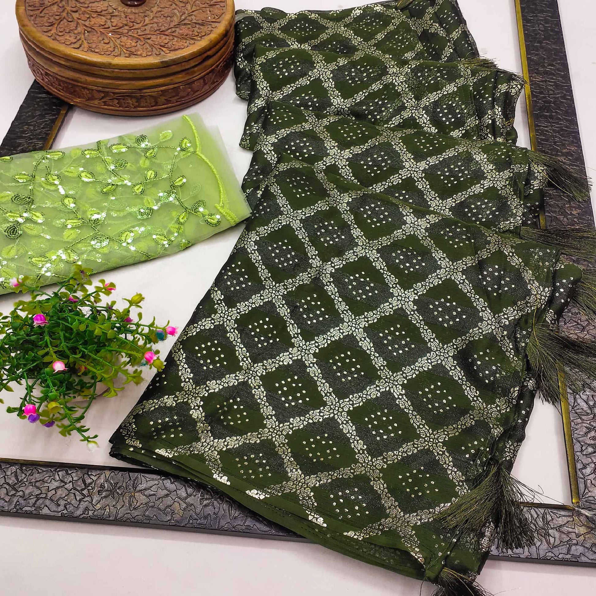 Mehendi Green Foil Printed Chiffon Saree