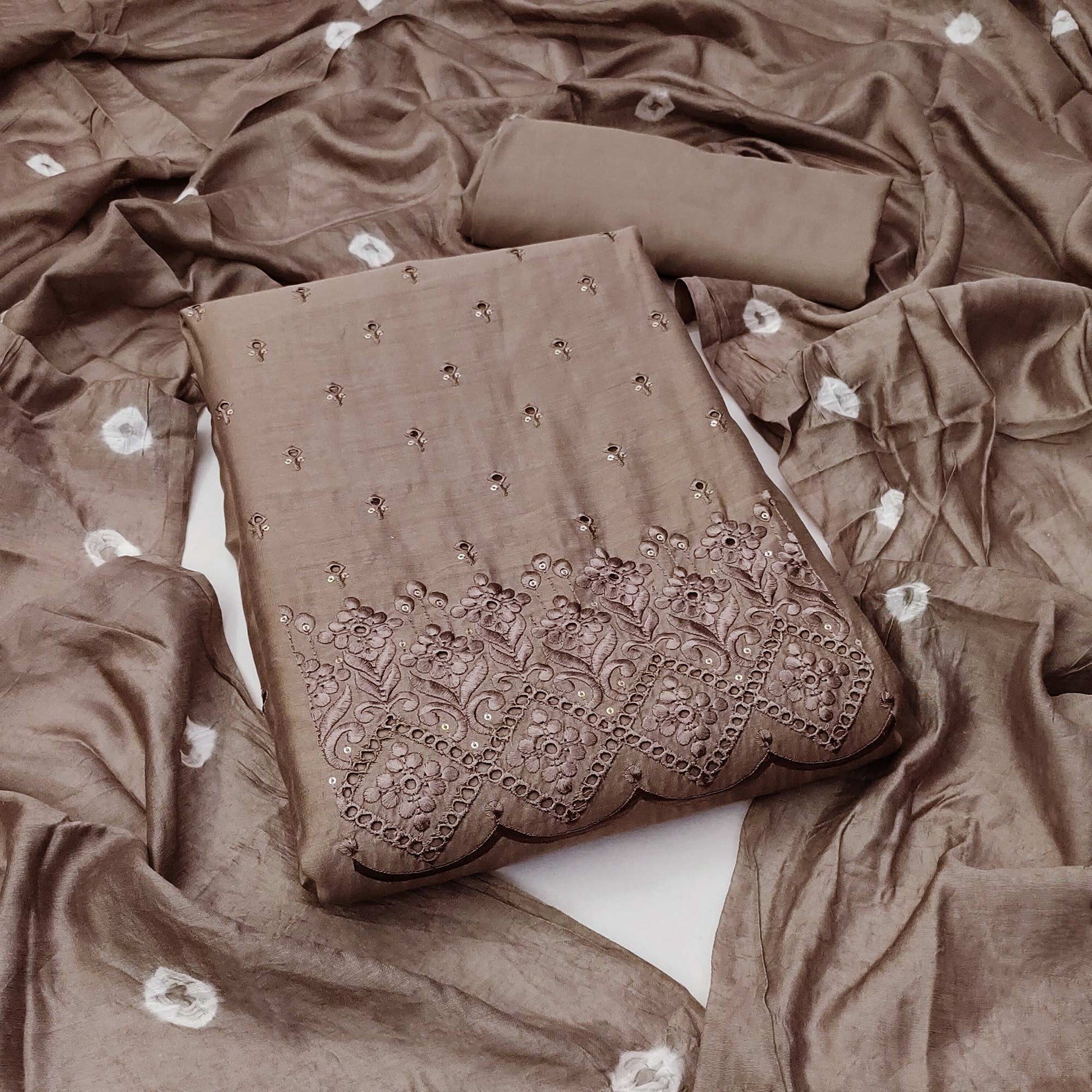 Brown Embroidered Cotton Blend Dress Material