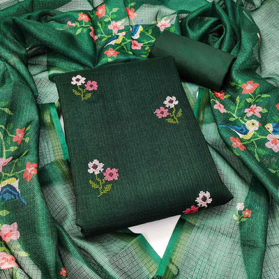 Dark Green Floral Embroidered Kota Doria Dress Material