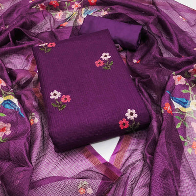 Dark Purple Floral Embroidered Kota Doria Dress Material