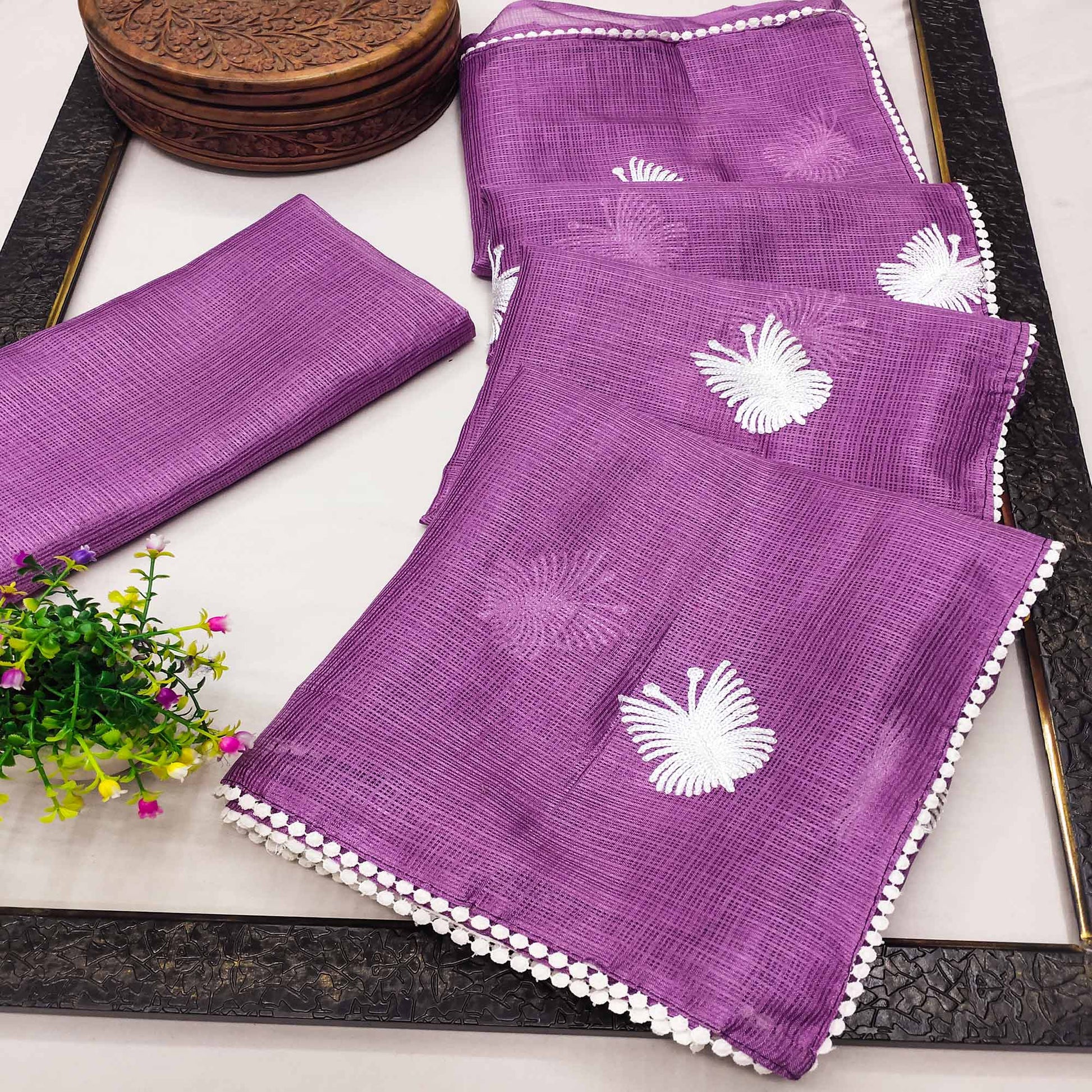 Light Purple Embroidered Kota Doria Saree