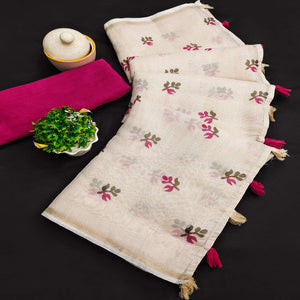Cream & Pink Floral Printed Cotton Silk Saree With Tassels