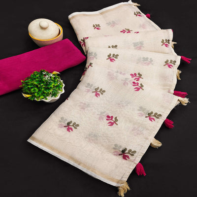 Cream & Pink Floral Printed Cotton Silk Saree With Tassels