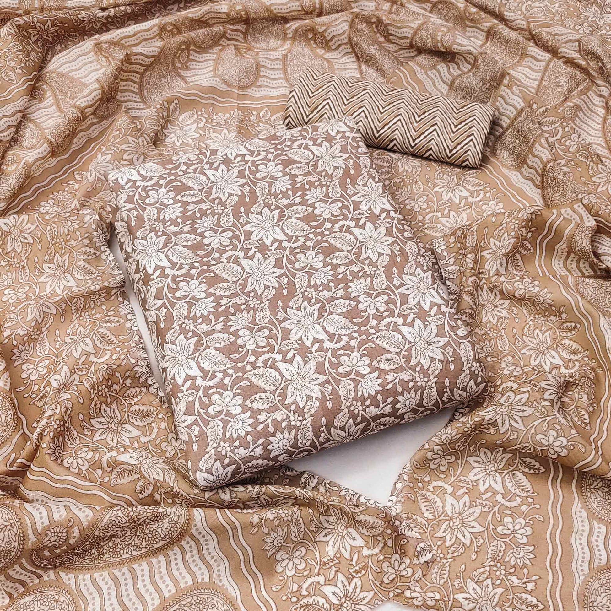Brown Floral Printed Pure Cotton Dress Material