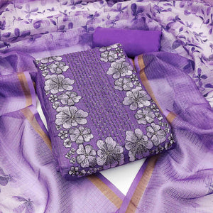 Lavender Floral Embroidered Kota Doria Dress Material