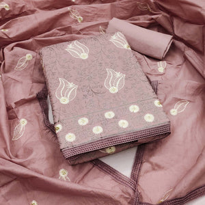 Dusty Pink Floral Embroidered Pure Cotton Dress Material