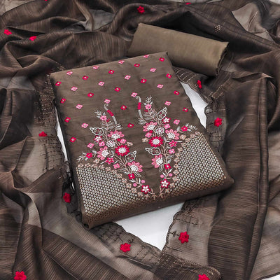 Brown Floral Embroidered Cotton Blend Dress Material