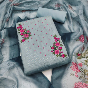 Bluyish Grey Floral Embroidered Cotton Blend Dress Material