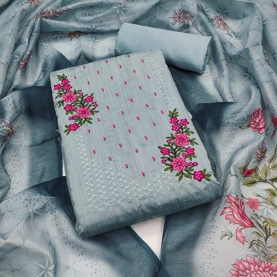 Bluyish Grey Floral Embroidered Cotton Blend Dress Material