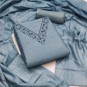 Bluish Grey Embroidered Cotton Blend Dress Material